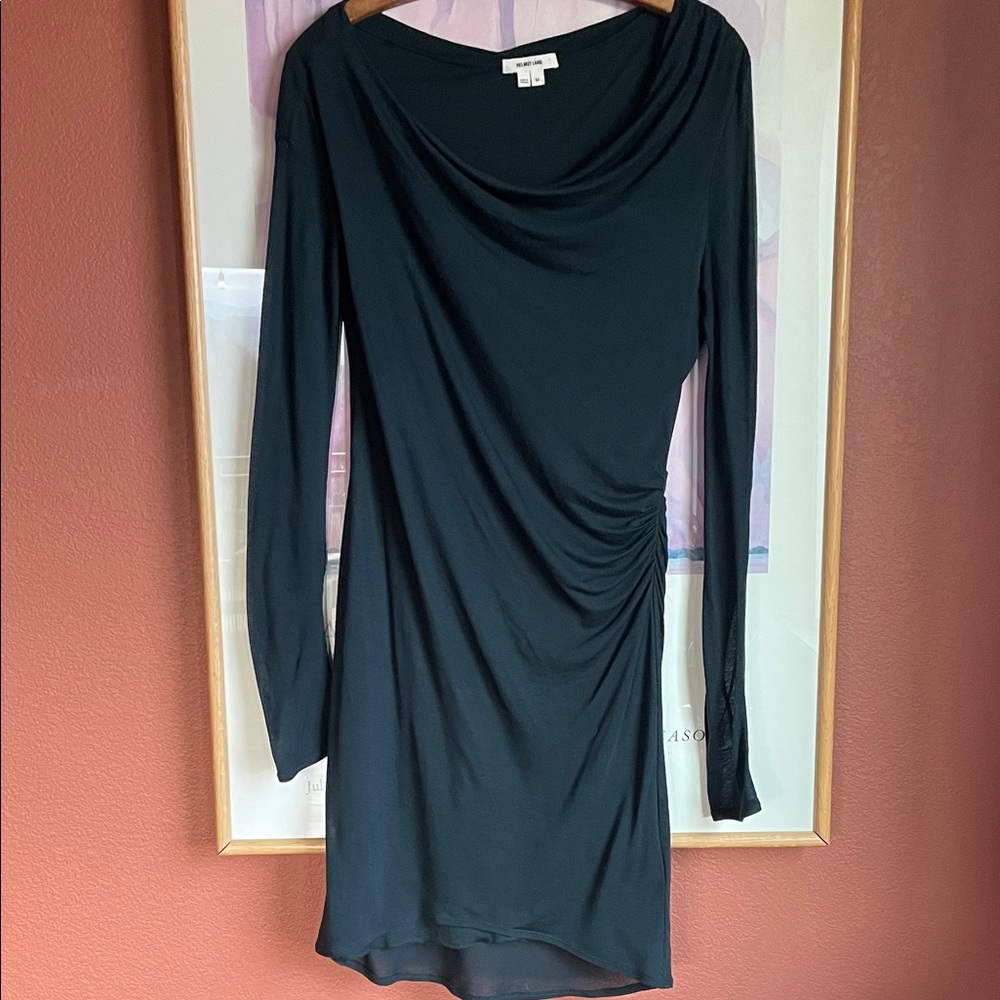 Helmut Lang Ruched Lightweight Stretch Midi Dress in a very deep green/blue, M